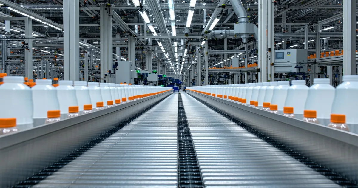 High-speed CPG packaging line with automated inspection system rejecting a non-conforming bottle