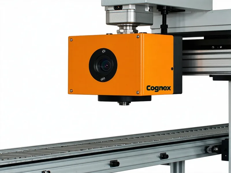 Industrial machine vision camera mounted above a production line conveyor with ring lighting