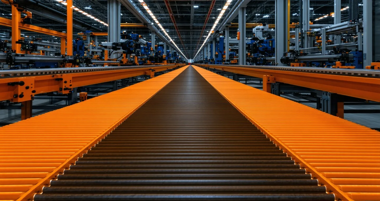 Industrial production line with conveyor belt and overhead lighting in a manufacturing facility