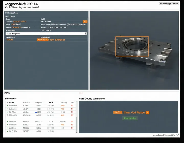 Eolvision inspection interface showing a camera view with orange detection rectangles and a pass/fail verdict badge overlaid on an automotive part
