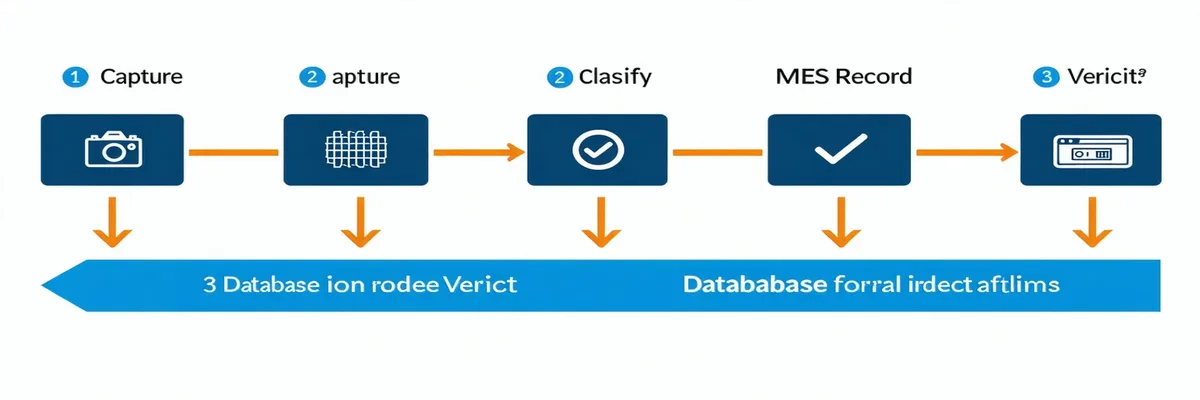 Four-step end-of-line inspection workflow: camera capture, ML classification, verdict, MES write-back