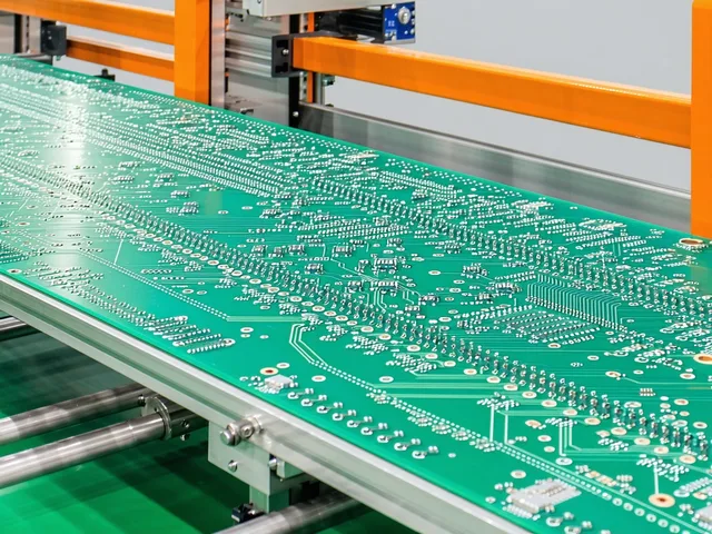 Printed circuit board on automated inspection conveyor in electronics manufacturing facility