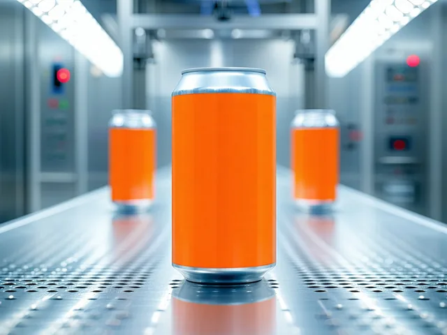Beverage cans moving on a high-speed packaging conveyor line in a manufacturing facility