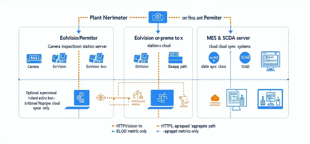 Eolvision on-premises deployment architecture showing camera station, plant server, MES, and optional cloud sync path